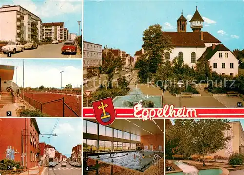AK / Ansichtskarte Eppelheim Buergermeister Jaeger Str Tennisplaetze Hauptstr mit Rathaus Hallenschwimmbad Brunnenalage vor dem Feuerwehrhaus Hauptstr mit ev Kirche Eppelheim