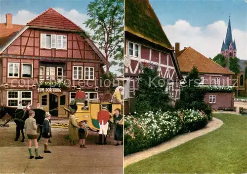 AK / Ansichtskarte Hanstedt_Nordheide Gaststaette zum Dorfkrug Postkutsche Blick zur Kirche Hanstedt_Nordheide