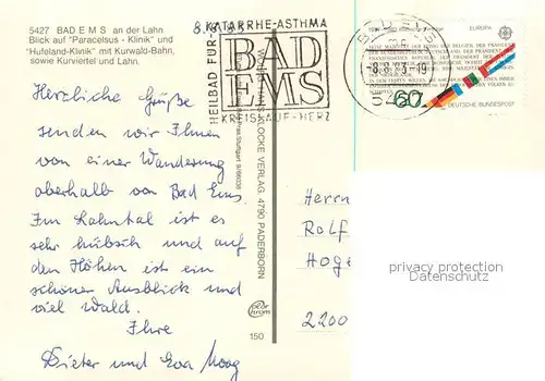 AK / Ansichtskarte Bad_Ems Paracelsus Klinik und Hufeland Klinik mit Kurwald Bahn sowie Kurviertel und Lahn Fliegeraufnahme Bad_Ems