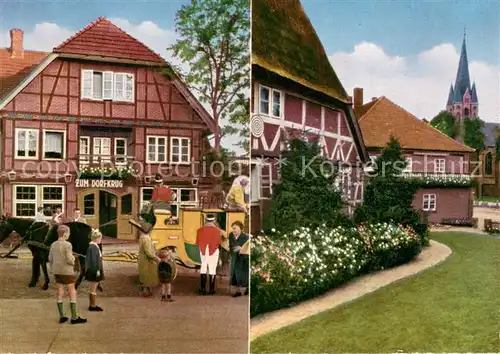 AK / Ansichtskarte Hanstedt_Nordheide Gasthaus Pension Zum Dorfkrug Postkutsche Blick zur Kirche Hanstedt_Nordheide