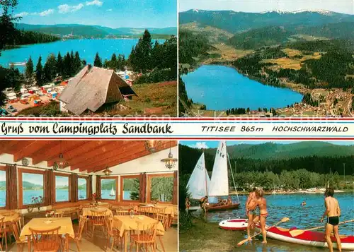 AK / Ansichtskarte Titisee Campingplatz Sandbank Restaurant Uferpartie am See Panorama Schwarzwald Fliegeraufnahme Titisee