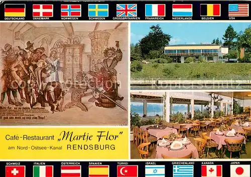 AK / Ansichtskarte Rendsburg Cafe Restaurant Martje Flor Nationalflaggen Rendsburg