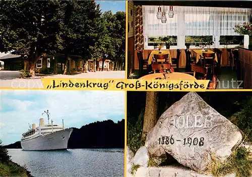 AK / Ansichtskarte Grosskoenigsfoerde Lindenkrug Gastwirtschaft Scholer Gedenkstein Nord Ostsee Kanal Faehre Grosskoenigsfoerde