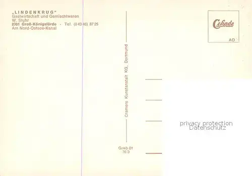 AK / Ansichtskarte Grosskoenigsfoerde Lindenkrug Gastwirtschaft Scholer Gedenkstein Nord Ostsee Kanal Faehre Grosskoenigsfoerde