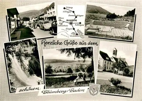 AK / Ansichtskarte Blumberg_Baden Strassenpartie Wasserfall Freibad Panorama Kirche Blumberg_Baden