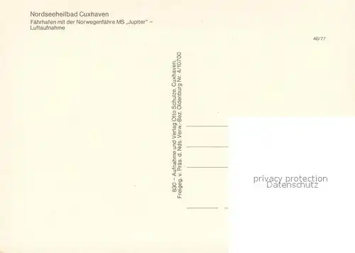 AK / Ansichtskarte Cuxhaven_Nordseebad Faehrhafen mit der Norwegenfaehre MS Jupiter Fliegeraufnahme Cuxhaven_Nordseebad