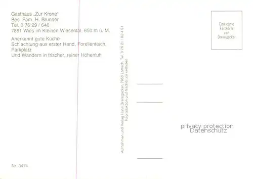 AK / Ansichtskarte Wies_Wiesental Gasthaus zur Krone Restaurant Landschaftspanorama Suedschwarzwald Wies Wiesental