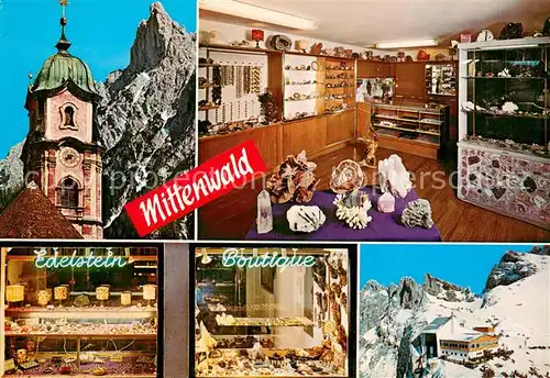 AK / Ansichtskarte Mittenwald_Bayern Edelstein Boutique Kirchturm Berghotel Alpen Mittenwald Bayern