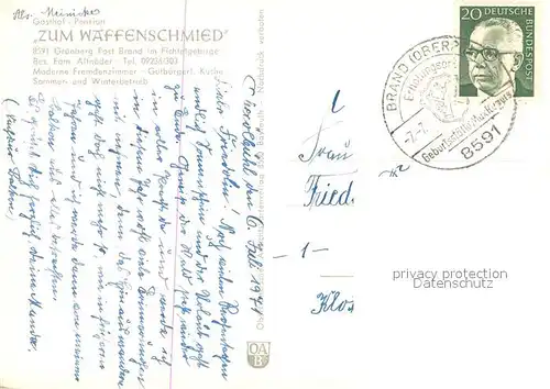 AK / Ansichtskarte Gruenberg_Oberpfalz Gasthof Pension zum Waffenschmied Resetaurant Partie am Bach Gruenberg Oberpfalz