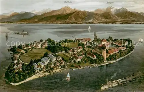 AK / Ansichtskarte Fraueninsel_Chiemsee Gesamtansicht m. Bergpanorama Fraueninsel Chiemsee