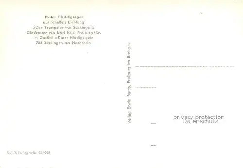 AK / Ansichtskarte Bad_Saeckingen Kater Hiddigeigei aus Scheffels Dichtung Der Trompeter von Saeckingen Glasfenster von Karl Isele Bad_Saeckingen