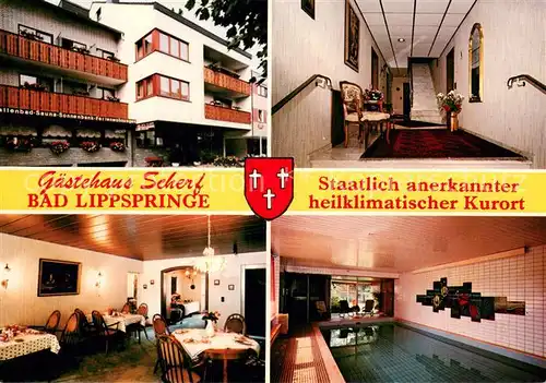 AK / Ansichtskarte Bad_Lippspringe Gaestehaus Scherf Gastraum Hallenbad Bad_Lippspringe