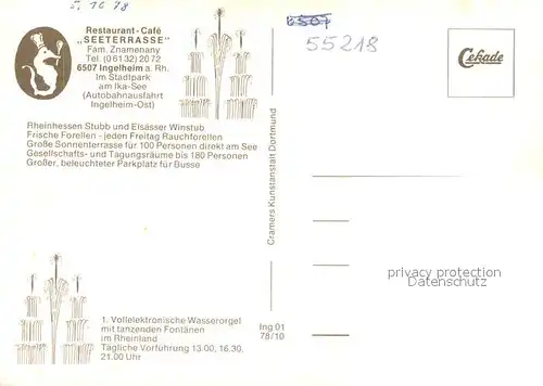 AK / Ansichtskarte Ingelheim_Rhein Restaurant Cafe Seeterrasse Ingelheim Rhein