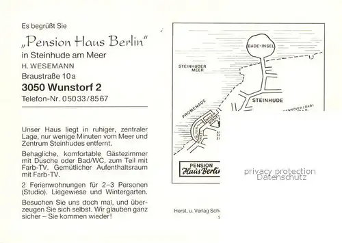 AK / Ansichtskarte Steinhuder_Meer Pension Haus Berlin Informationen Anfahrt Steinhuder Meer