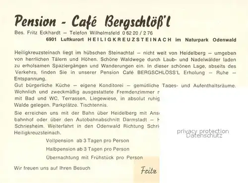 AK / Ansichtskarte Heiligkreuzsteinach Pension Cafe Bergschloessl Teilansichten m. Informationen Heiligkreuzsteinach