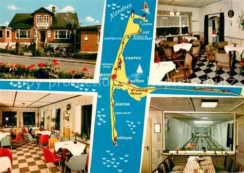 AK / Ansichtskarte Keitum_Sylt Cafe Kliffsruh Gastraum Kegelbahn Landkarte Nordseeinsel Keitum Sylt