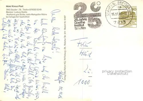 AK / Ansichtskarte Staufen_Breisgau Hotel Kreuz Post Zunftstube Stadtsee Burgruine Panorama Schwarzwald Postkutsche Staufen Breisgau