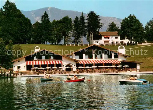 AK / Ansichtskarte Garmisch Partenkirchen See Cafe und Restaurant am Riessersee Bootsverleih Garmisch Partenkirchen