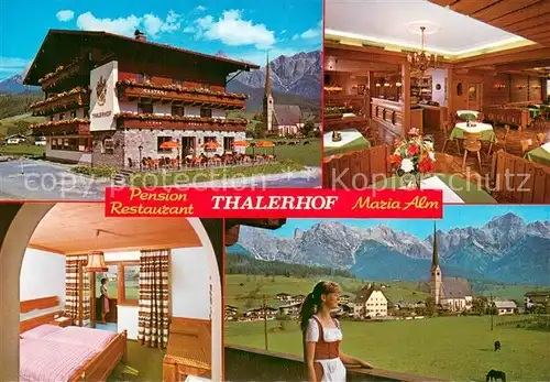 AK / Ansichtskarte Maria_Alm_Steinernen_Meer Pension Restaurant Thalerhof Gaststube Zimmer Panorama mit Kirche Maria_Alm_Steinernen_Meer