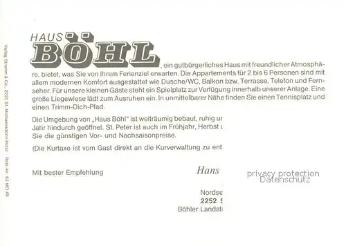 AK / Ansichtskarte St_Peter Ording Haus Boehl Informationen St_Peter Ording