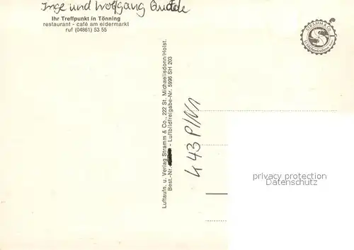 AK / Ansichtskarte Toenning_Nordseebad Fliegeraufnahme Restaurant Cafe Am Eidermarkt Toenning_Nordseebad