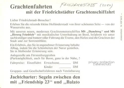 AK / Ansichtskarte Friedrichstadt_Eider Hotel Holsteinisches Haus Grachtenfahrt Informationen Friedrichstadt_Eider