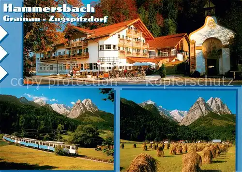 AK / Ansichtskarte Hammersbach_Grainau Hotel Haus Hammersbach mit Kapelle Bayerische Zugspitzbahn Landschaft Felder Zugspitzgruppe Wettersteingebirge Hammersbach Grainau
