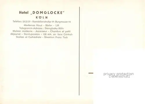 AK / Ansichtskarte Koeln__Rhein Hotel Domglocke Kuenstlerkarte 