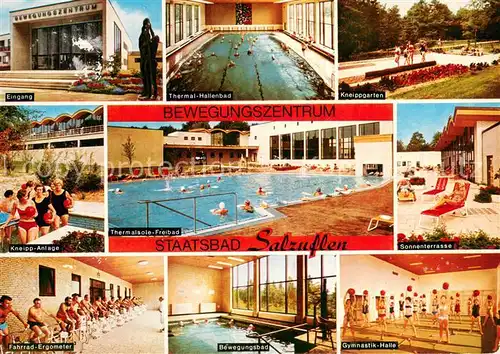 AK / Ansichtskarte Bad_Salzuflen Staatsbad Eingang Thermal Hallenbad Kneippgarten Kneippanlage Freibad Sonnenterrasse Fahrrad Ergometer Bewegungsbad Gymnastikhalle Bad_Salzuflen