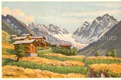 AK / Ansichtskarte Wiler_Loetschental_VS mit dem Langengletscher im Loetschental Kuenstlerkarte 