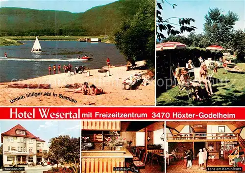 AK / Ansichtskarte Godelheim Hotel Wesertal Weser Strandpartie Garten Hausansicht Gastraum Tanz am Kaminfeuer Godelheim