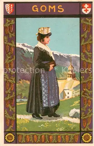 AK / Ansichtskarte Goms_VS Kirche Trachtenfrau Goms_VS