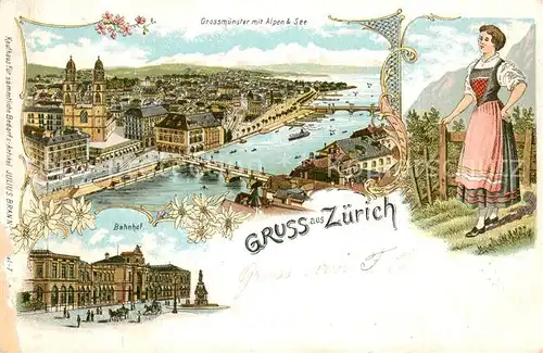 AK / Ansichtskarte Zuerich_ZH Grossmuenster mit Alpen und See Bahnhof Zuerich_ZH