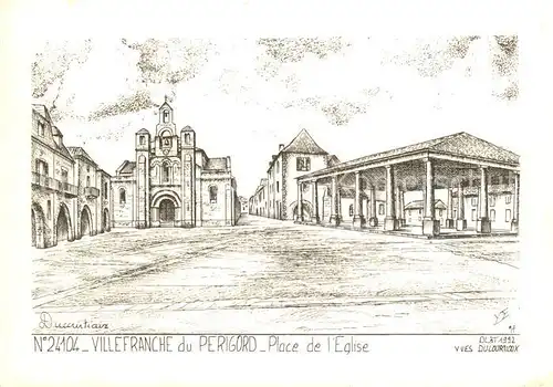 AK / Ansichtskarte Villefranche du Perigord Place de l Eglise Dessin Kuenstlerkarte Villefranche du Perigord