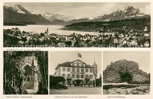 AK / Ansichtskarte Kuessnacht_Vierwaldstaettersee Panorama Hohle Gasse Tellskapelle Hotel Pension du Lac Seehof Ruine Gesslerburg 