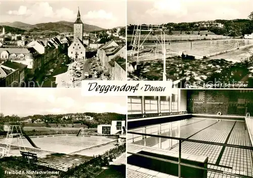 AK / Ansichtskarte Deggendorf_Donau Ortsansicht mit Kirche Freibad Hallenbad Deggendorf Donau