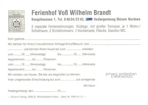 AK / Ansichtskarte Hedwigenkoog Ferienhof Voss Wilhelm Brandt Fremdenzimmer Ferienwohnung Hedwigenkoog