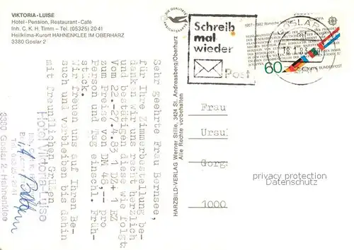 AK / Ansichtskarte Hahnenklee_Auerhahn Hotel Pension Viktoria Luise Teilansichten Reservierungsbestaetigung Hahnenklee_Auerhahn