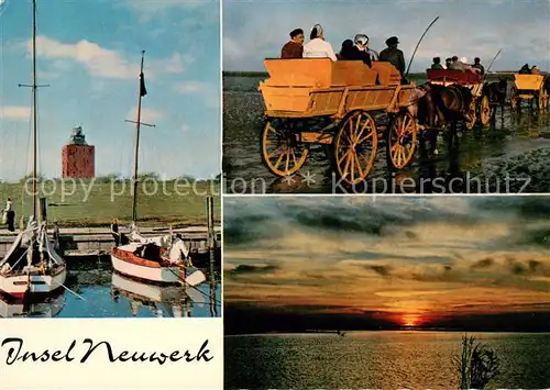 AK / Ansichtskarte Insel_Neuwerk HAfen m. Turm u. Segelyachten Wattwagen Sonnenuntergang Insel Neuwerk