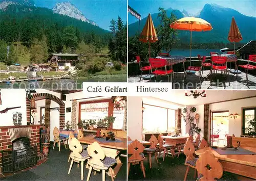 AK / Ansichtskarte Hintersee_Berchtesgaden Cafe Pension Gelfart am See Gastraum Kamin Terrasse Alpen Hintersee Berchtesgaden