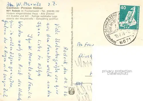 AK / Ansichtskarte Rodeck Gasthaus Pension Huettner Gastraum Landschaftspanorama Frankenwald Rodeck