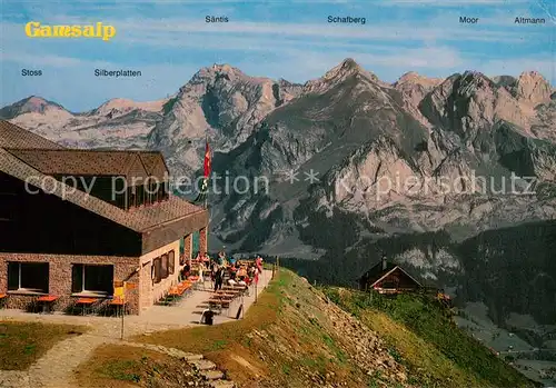 AK / Ansichtskarte Wildhaus__SG Bergrestaurant Gamsalp mit Saentis Schafberg Moor und Altmann 