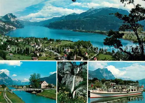 AK / Ansichtskarte Weesen_Walensee Panorama Teilansichten Fahrgastschiff Weesen_Walensee