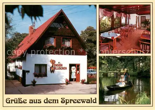 AK / Ansichtskarte Burg_Spreewald Pension Willischza Gastraum Kahnfahrt Wasserstrasse Burg Spreewald