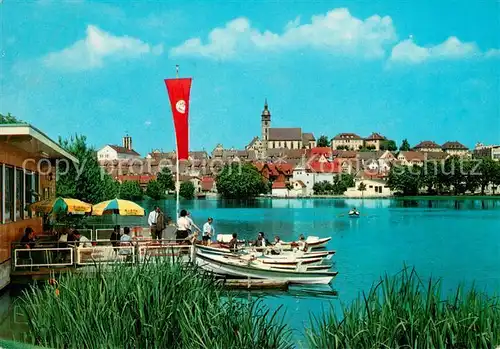 AK / Ansichtskarte Boeblingen Oberer See Bootsfahrten Cafe Blick zur Kirche Boeblingen