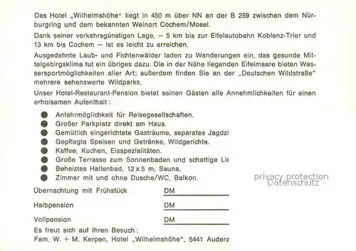 AK / Ansichtskarte Cochem_Mosel Hotel Wilhelmshoehe Informationen Cochem Mosel
