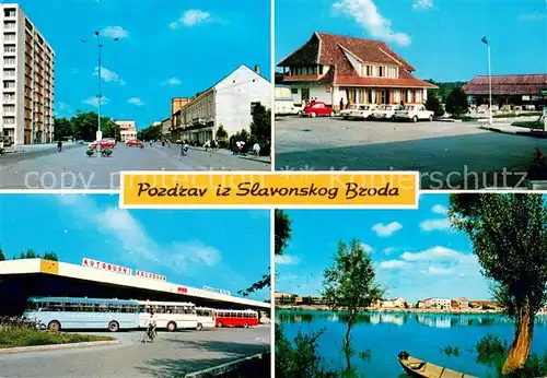 AK / Ansichtskarte Slavonskog_Broda Strassenpartie Gaststaette Busbahnhof Partie an der Save 