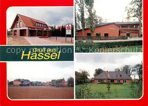AK / Ansichtskarte Hassel_Weser Sparkasse Sportzentrum Wohnhaus Blick ueber die Felder Hassel Weser
