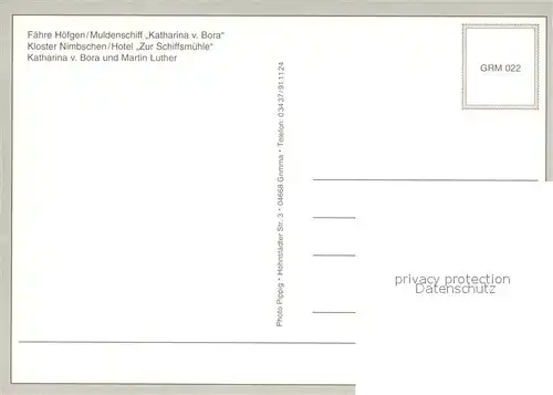 AK / Ansichtskarte Hoefgen_Grimma Faehre Muldenschiff Katharin von Bora Luther Portrait Kloster Nimbschen Hotel Zur Schiffsmuehle 