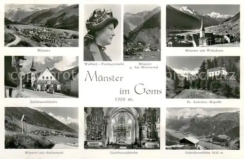 AK / Ansichtskarte Muenster_Goms_VS Walliserin Panorama Weisshorn Liebfrauenkirche St Antonius Kapelle Galenstock Liebfrauenkirche Galmihornhuette 